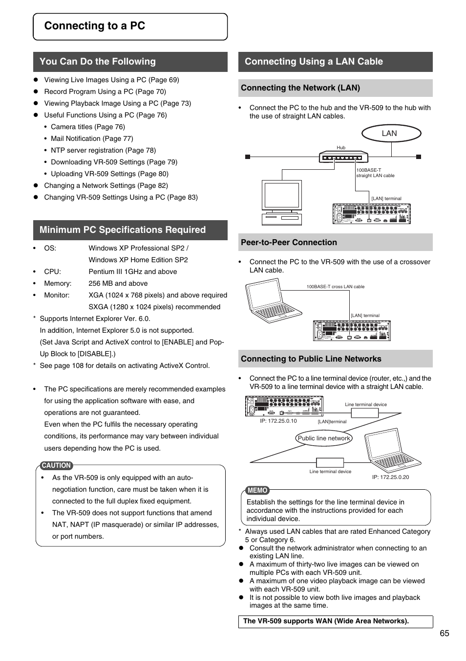 Connecting to a pc, You can do the following, Minimum pc specifications required | Connecting using a lan cable | JVC VR-509E User Manual | Page 65 / 128