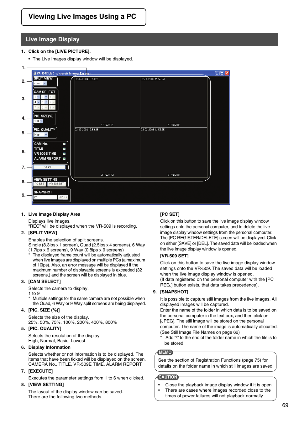 Viewing live images using a pc, Live image display | JVC VR-509E User Manual | Page 69 / 128