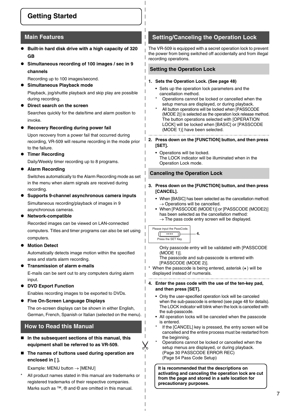 Getting started, Main features, How to read this manual | Setting/canceling the operation lock | JVC VR-509E User Manual | Page 7 / 128