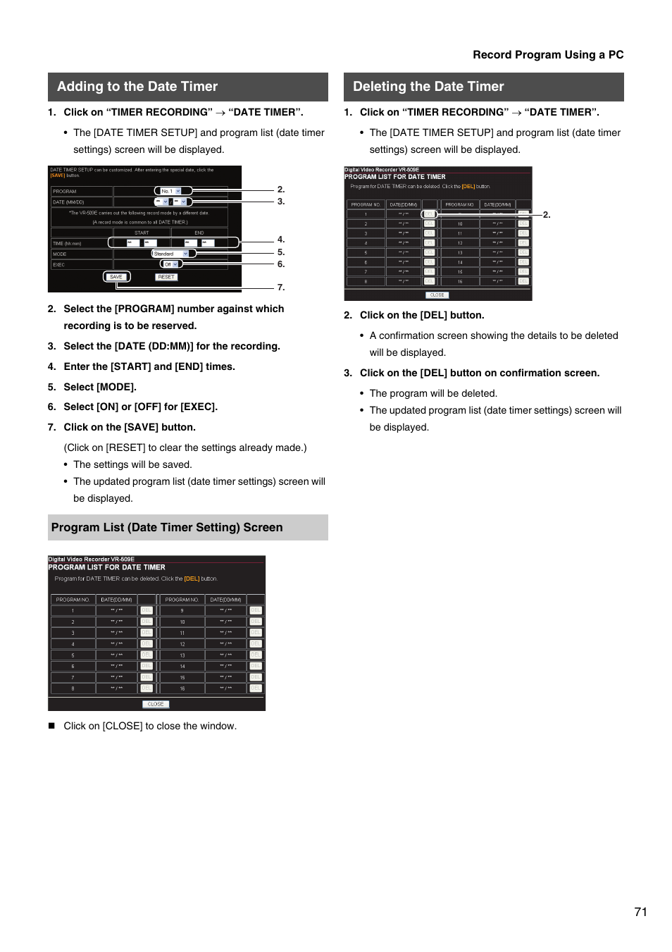 Adding to the date timer, Deleting the date timer | JVC VR-509E User Manual | Page 71 / 128