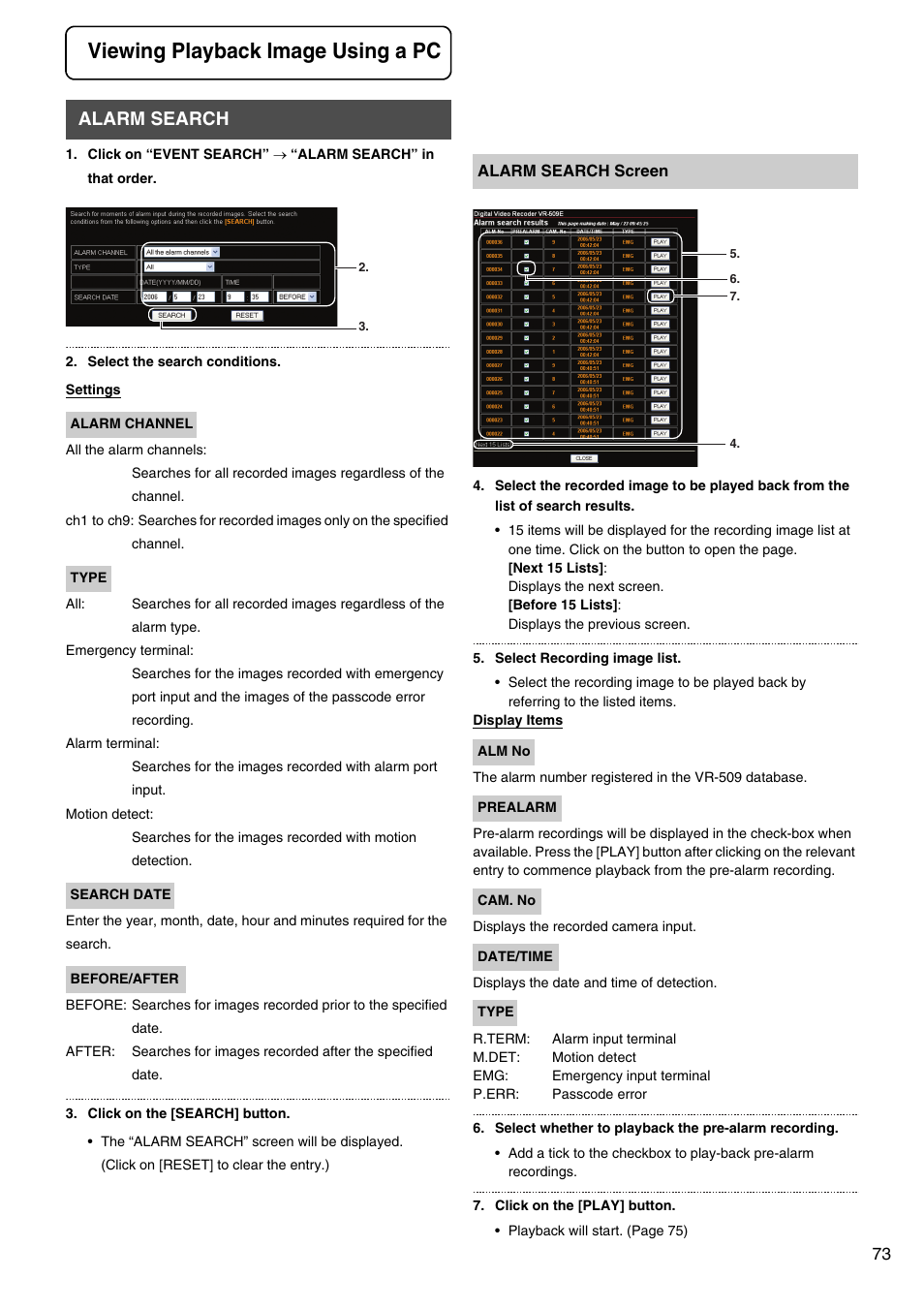 Viewing playback image using a pc, Alarm search | JVC VR-509E User Manual | Page 73 / 128