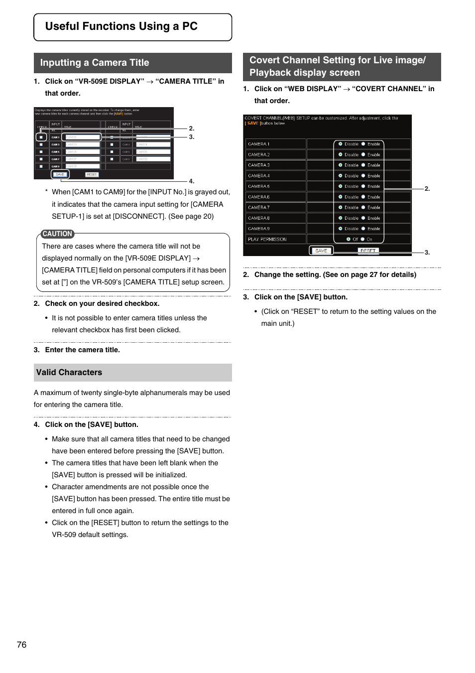 Useful functions using a pc, Inputting a camera title, Covert channel setting for live image | Playback display screen | JVC VR-509E User Manual | Page 76 / 128