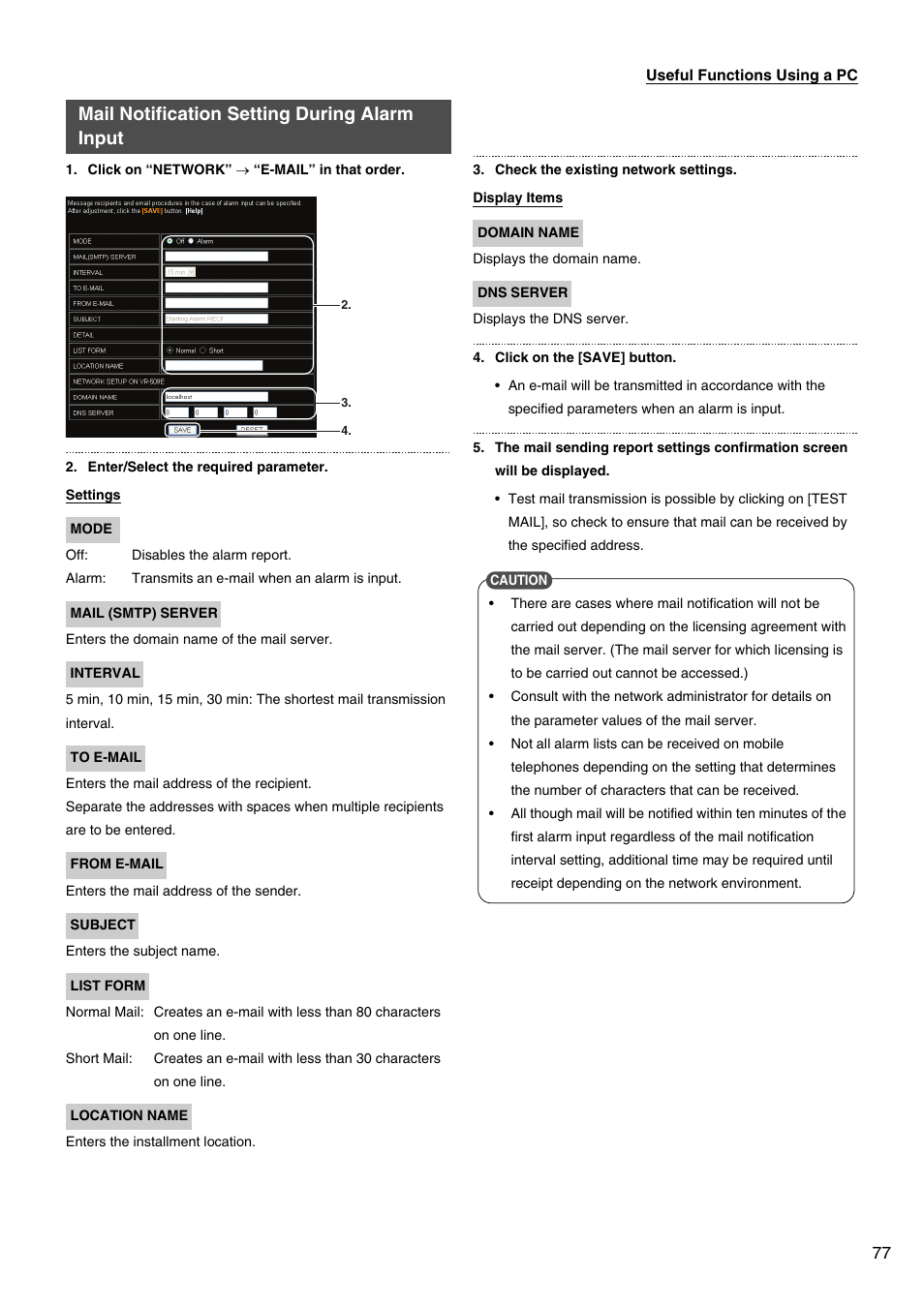 Mail notification setting during alarm input | JVC VR-509E User Manual | Page 77 / 128