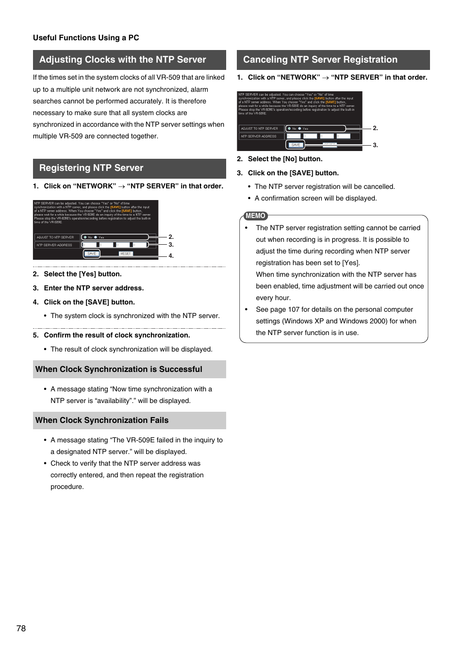 Adjusting clocks with the ntp server, Registering ntp server, Canceling ntp server registration | JVC VR-509E User Manual | Page 78 / 128