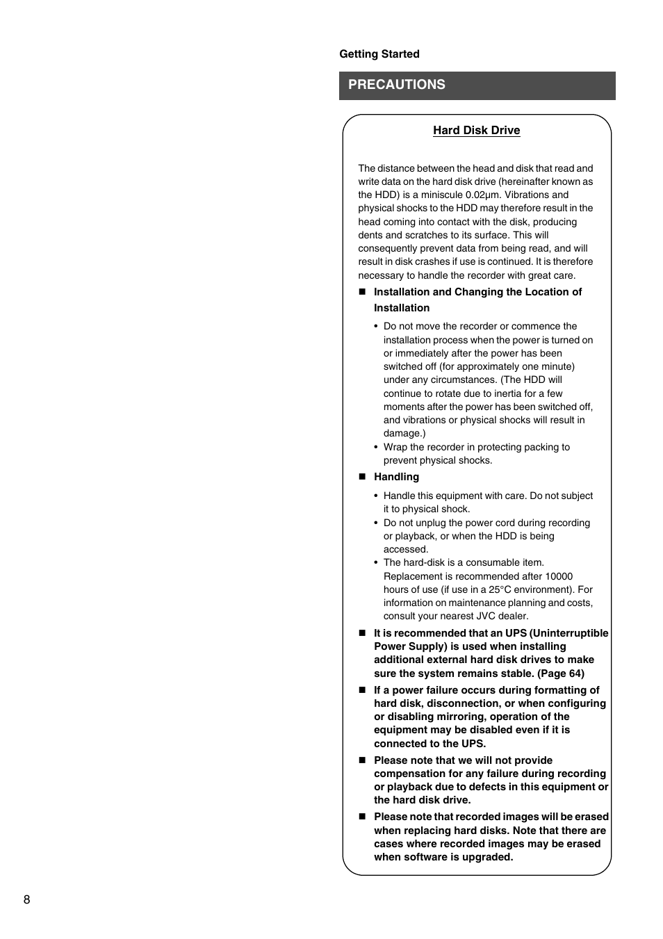 Precautions | JVC VR-509E User Manual | Page 8 / 128