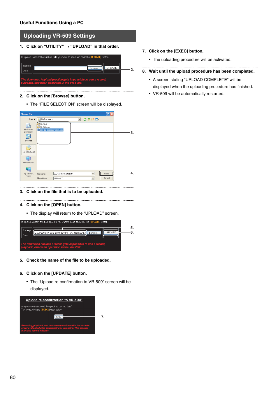 Uploading vr-509 settings | JVC VR-509E User Manual | Page 80 / 128