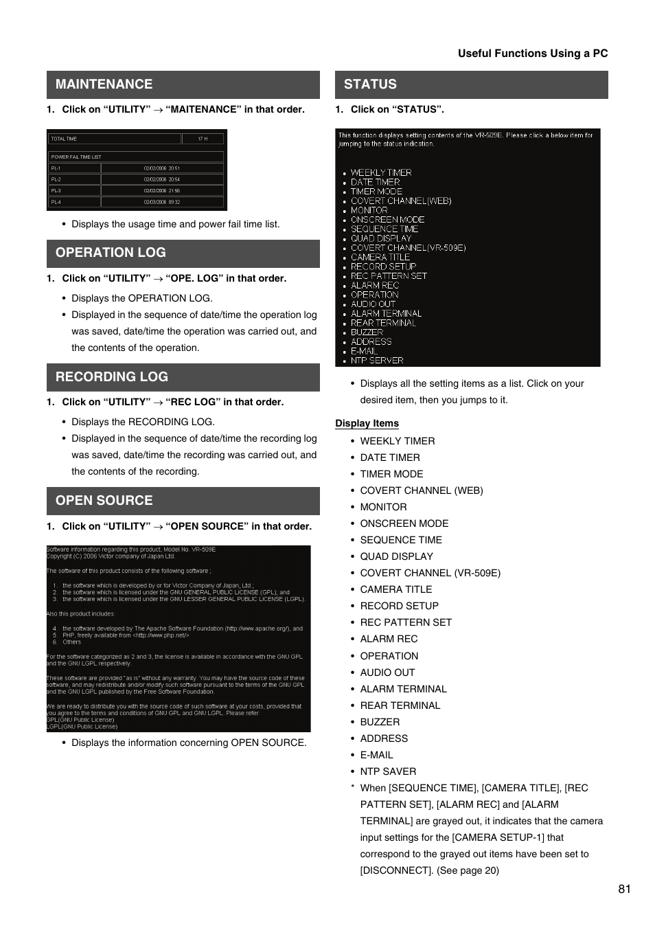 Maintenance, Operation log, Recording log | Open source, Status | JVC VR-509E User Manual | Page 81 / 128