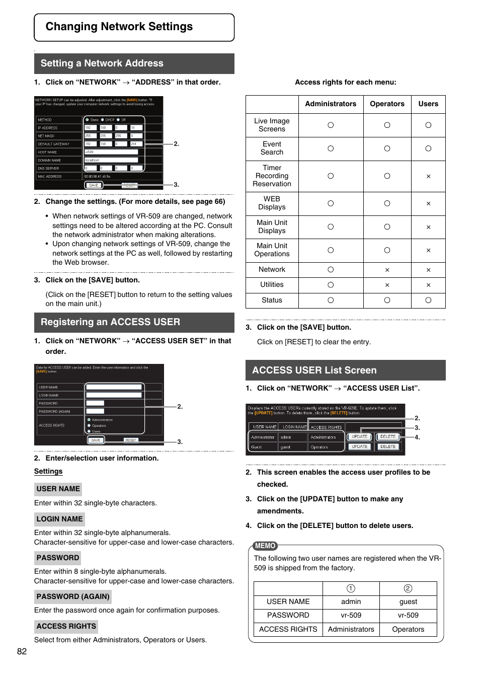 Changing network settings, Setting a network address, Registering an access user | Access user list screen | JVC VR-509E User Manual | Page 82 / 128