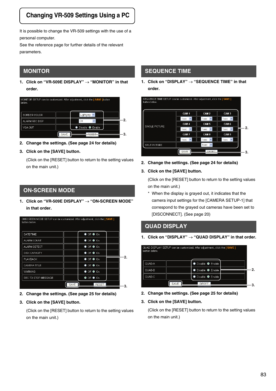 Changing vr-509 settings using a pc, Monitor, On-screen mode | Sequence time, Quad display, Monitor on-screen mode, Sequence time quad display | JVC VR-509E User Manual | Page 83 / 128