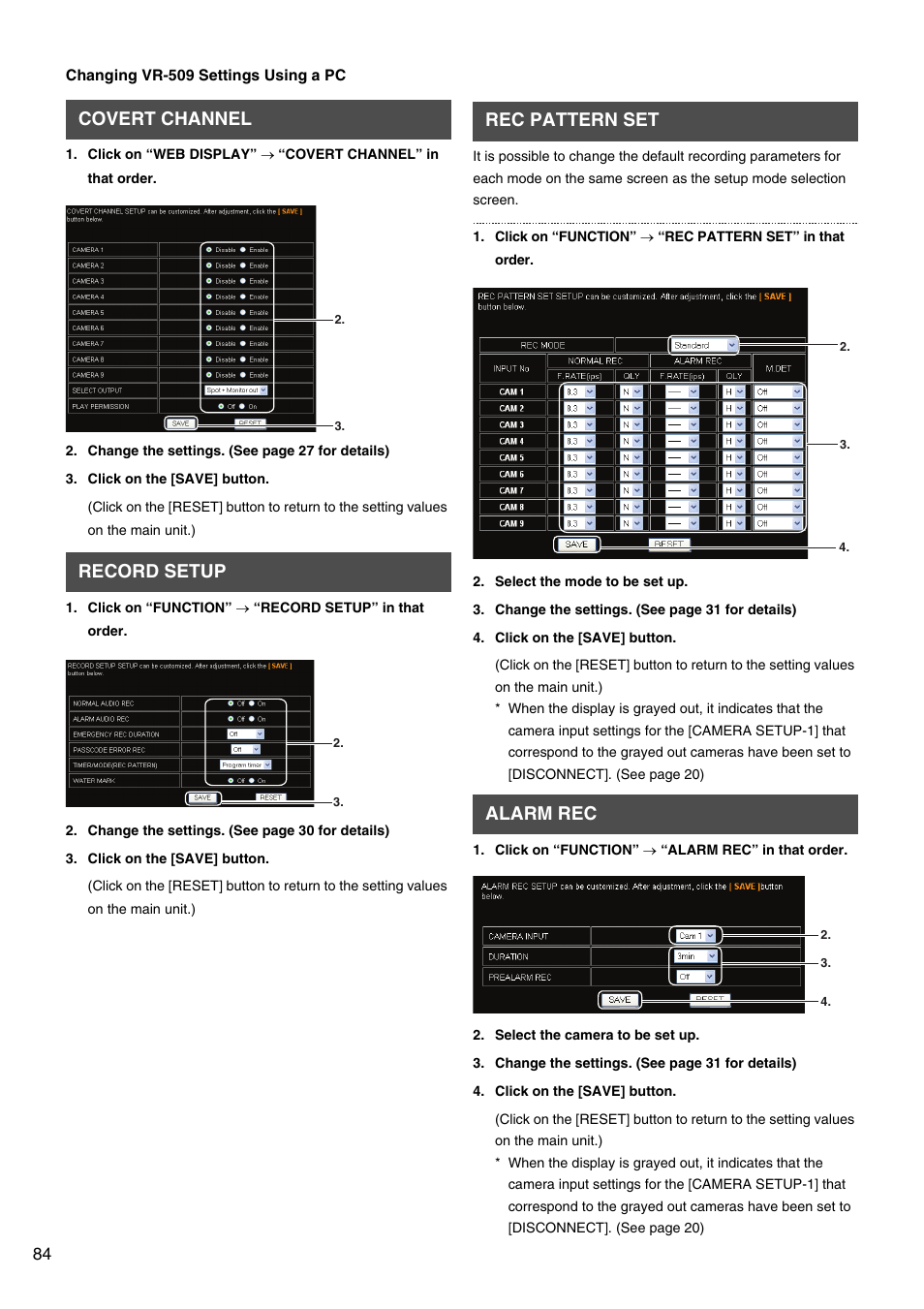 Covert channel, Record setup, Rec pattern set | Alarm rec, Covert channel record setup, Rec pattern set alarm rec | JVC VR-509E User Manual | Page 84 / 128