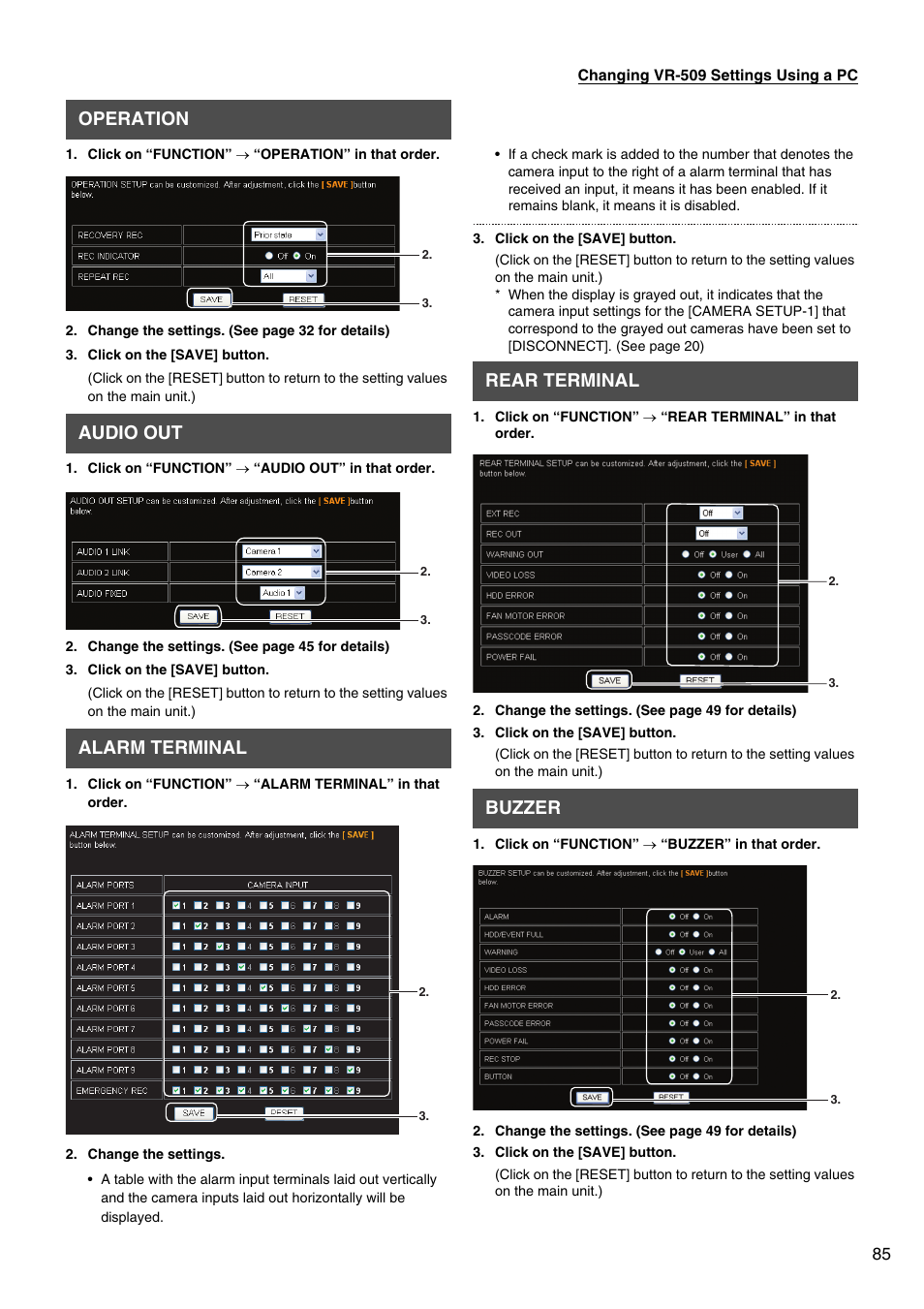 Operation, Audio out, Alarm terminal | Rear terminal, Buzzer, Operation audio out alarm terminal, Rear terminal buzzer | JVC VR-509E User Manual | Page 85 / 128