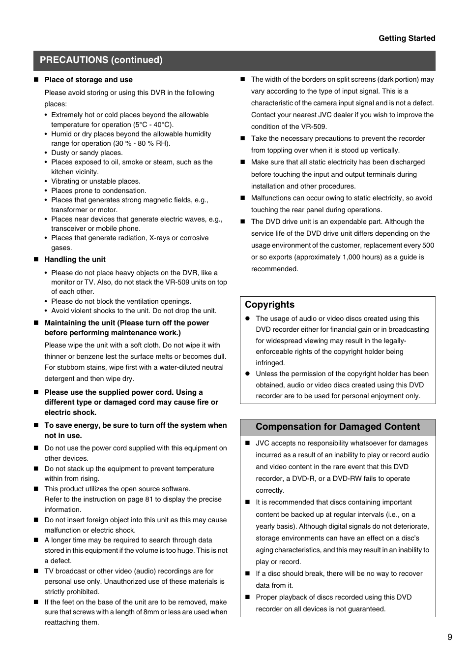 Precautions (continued) copyrights, Compensation for damaged content | JVC VR-509E User Manual | Page 9 / 128