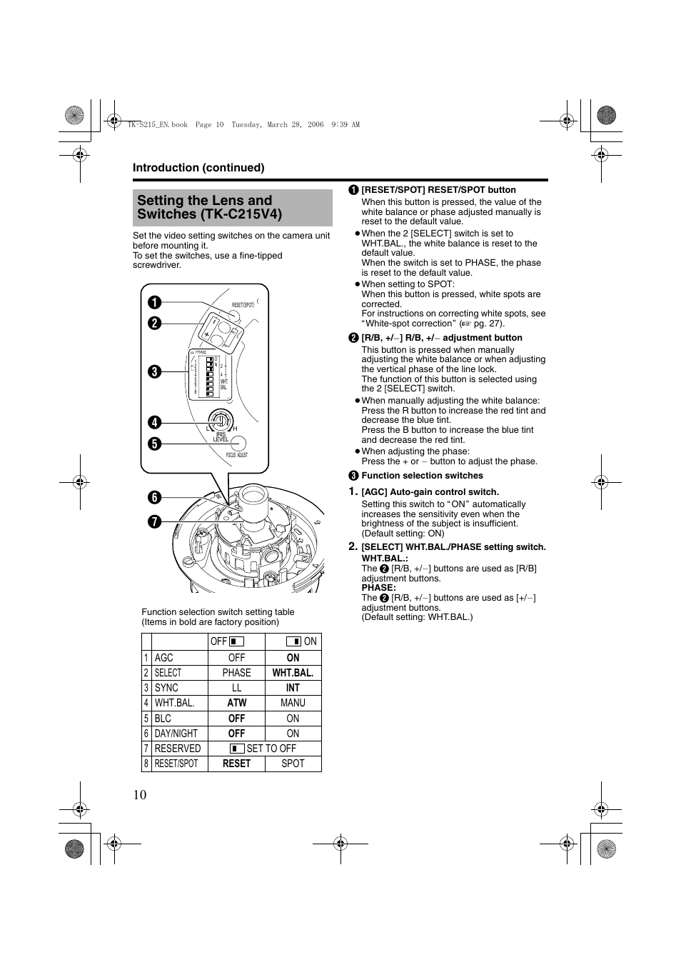Setting the lens and switches (tk-c215v4), Setting the lens and switc hes (tk-c215v4) | JVC TK-C210FW User Manual | Page 10 / 32