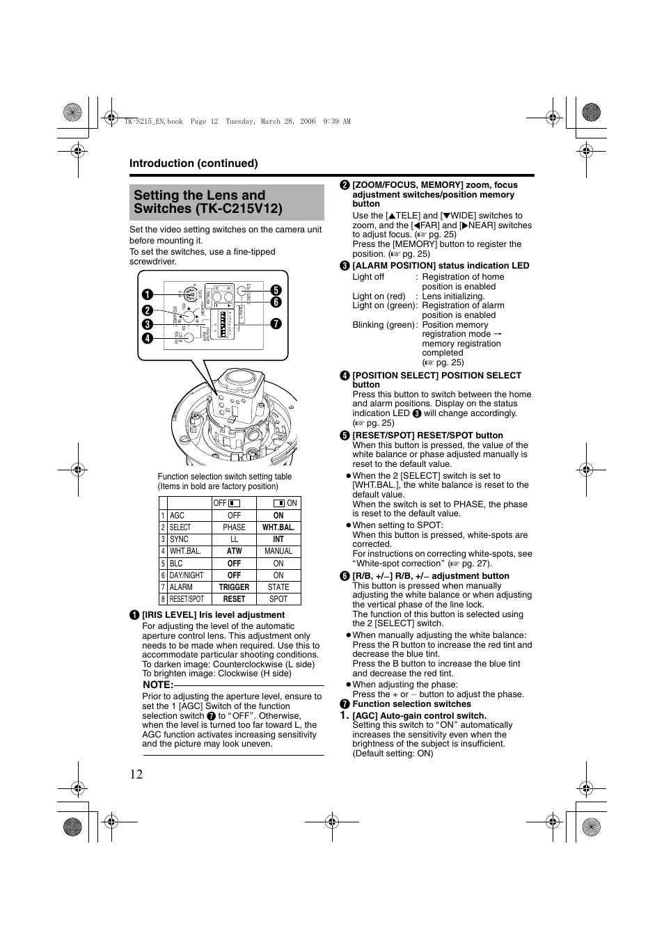 Setting the lens and switches (tk-c215v12), Introduction (continued) | JVC TK-C210FW User Manual | Page 12 / 32