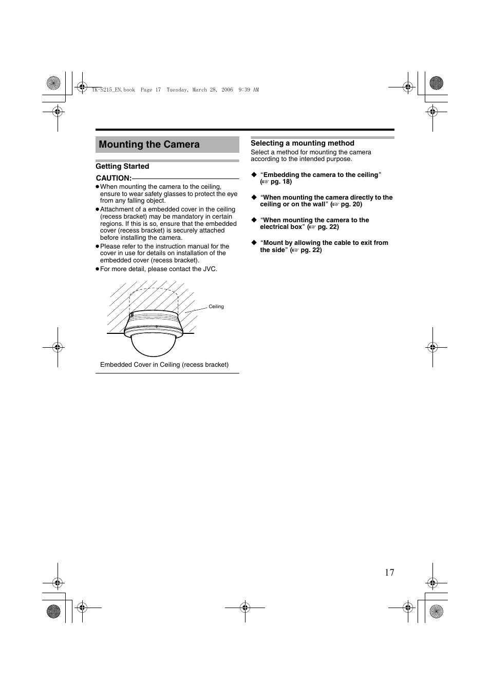 Mounting the camera, Getting started, Selecting a mounting method | Getting started selecting a mounting method | JVC TK-C210FW User Manual | Page 17 / 32