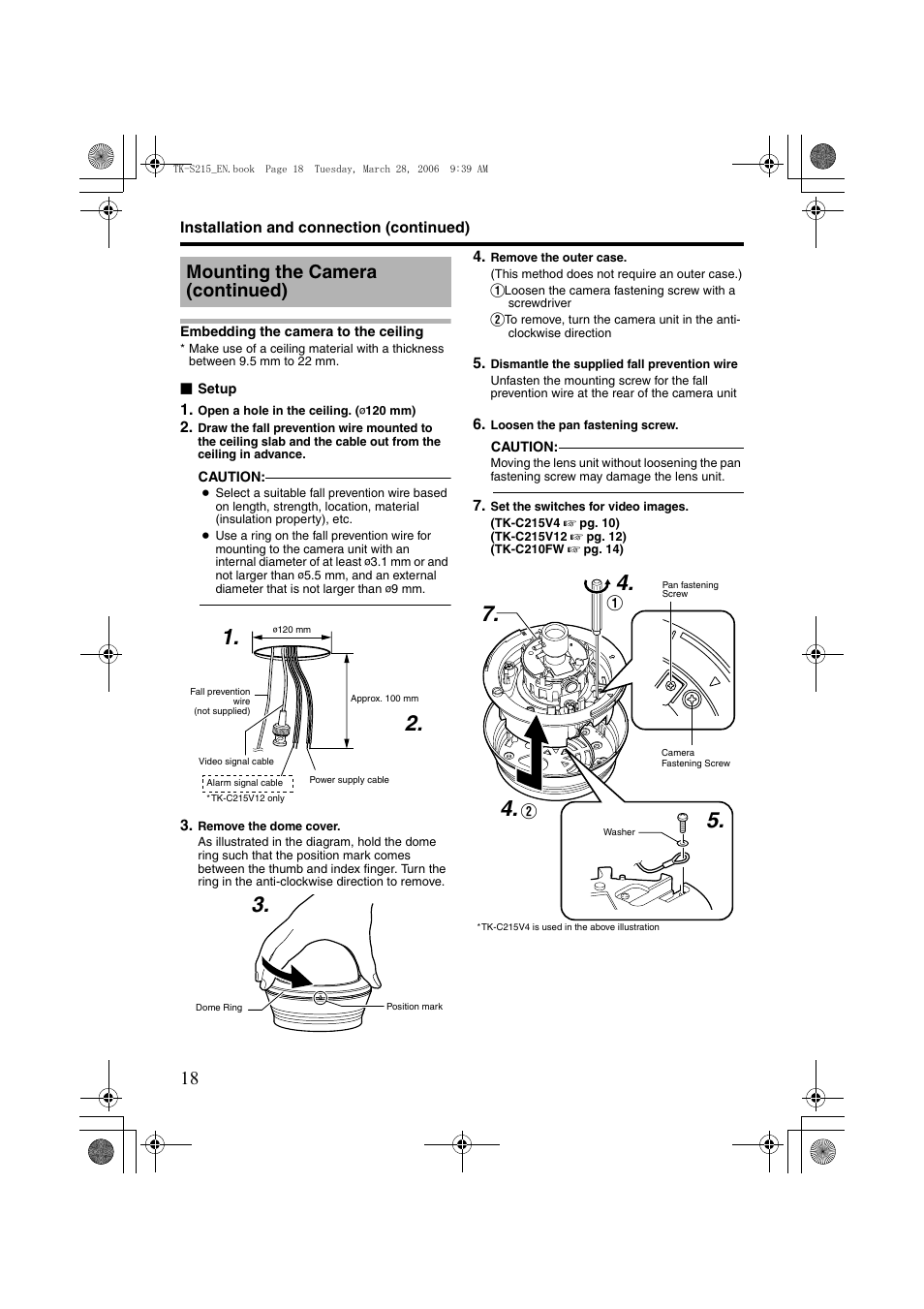 Embedding the camera to the ceiling, A pg. 18, 20), A pg. 18 | Aembedding the camera to the ceilingb, step 3. to, A pg. 18), Aembedding the camera to the ceilingb, Mounting the camera (continued) | JVC TK-C210FW User Manual | Page 18 / 32