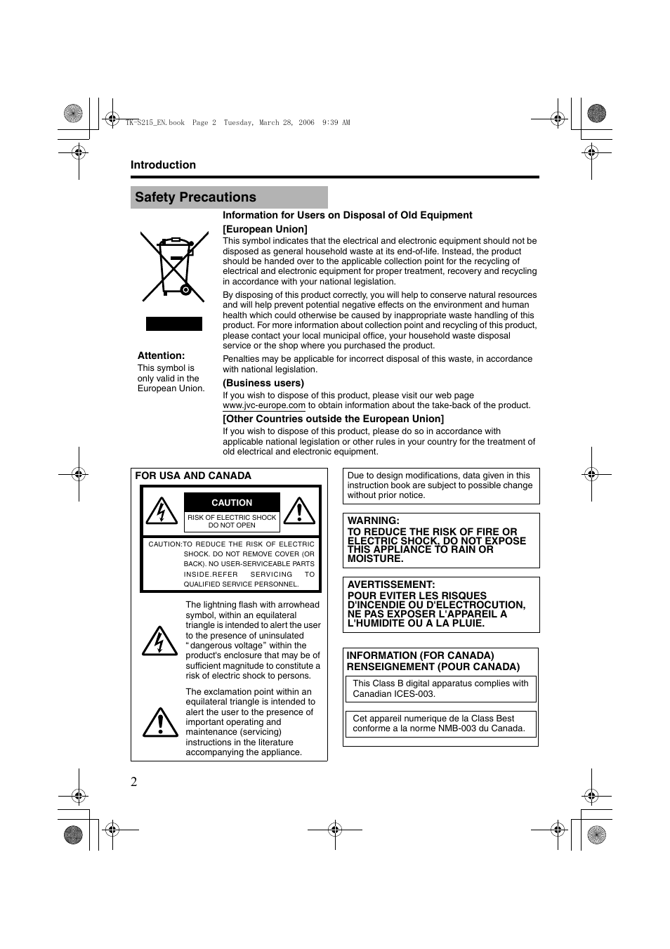 Introduction, Safety precautions | JVC TK-C210FW User Manual | Page 2 / 32