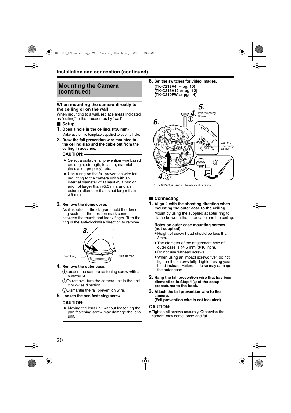 A pg. 20), Awhen mounting the camera directly to the, Ceiling or on the wall | B ( a pg. 20), Mounting the camera (continued) | JVC TK-C210FW User Manual | Page 20 / 32