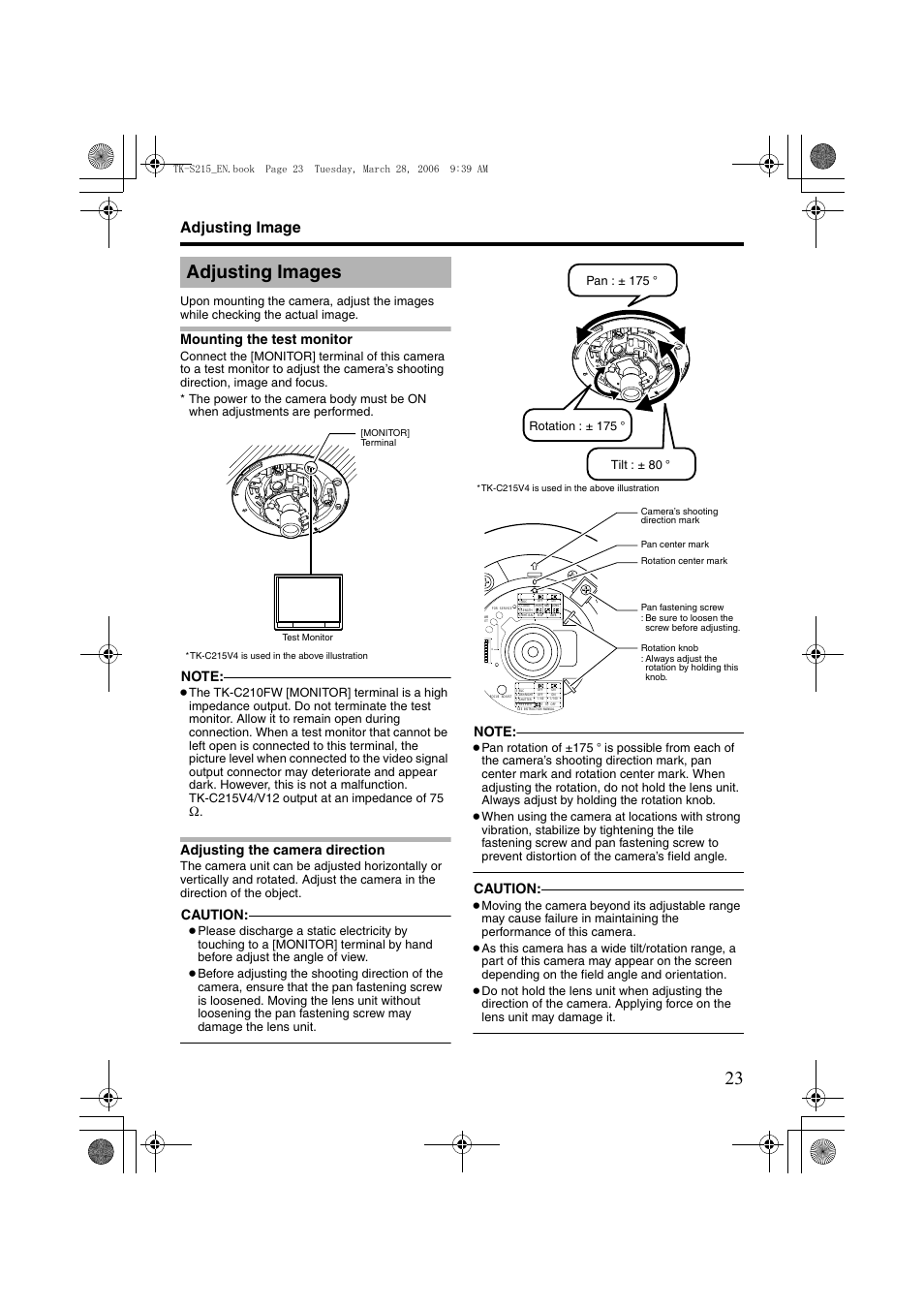 Adjusting image, Adjusting images, Mounting the test monitor | Adjusting the camera direction, A pg. 23), A pg. 23, Aadjusting imagesb), Caution | JVC TK-C210FW User Manual | Page 23 / 32
