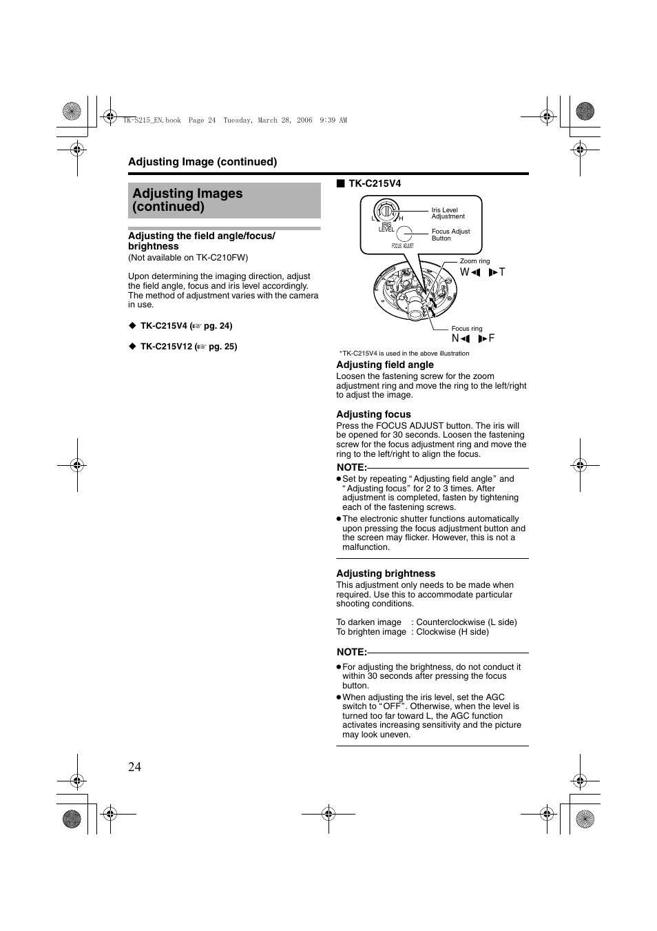Adjusting the field angle/focus/ brightness, Ation, A pg. 24) | Adjusting images (continued), Nf w t | JVC TK-C210FW User Manual | Page 24 / 32