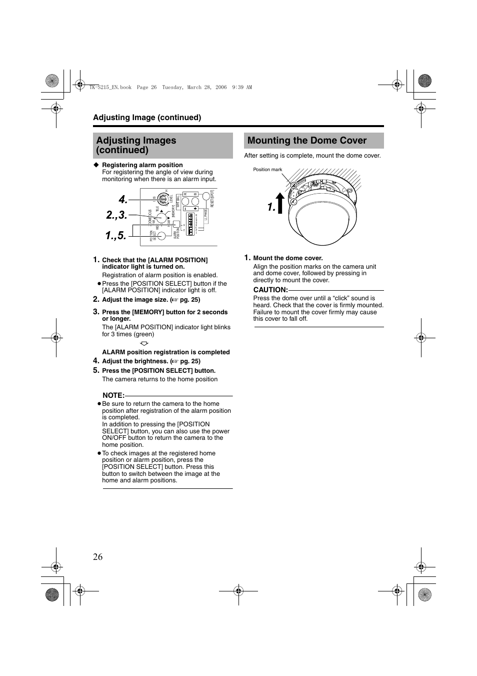 Mounting the dome cover, Adjusting images (continued) ň, Adjusting image (continued) | JVC TK-C210FW User Manual | Page 26 / 32