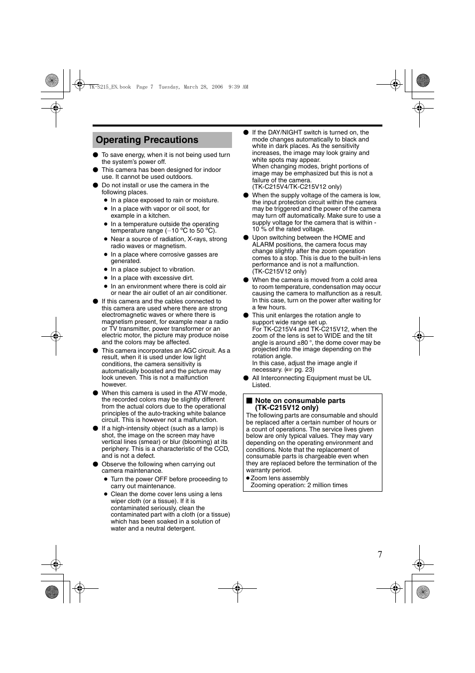 Operating precautions | JVC TK-C210FW User Manual | Page 7 / 32