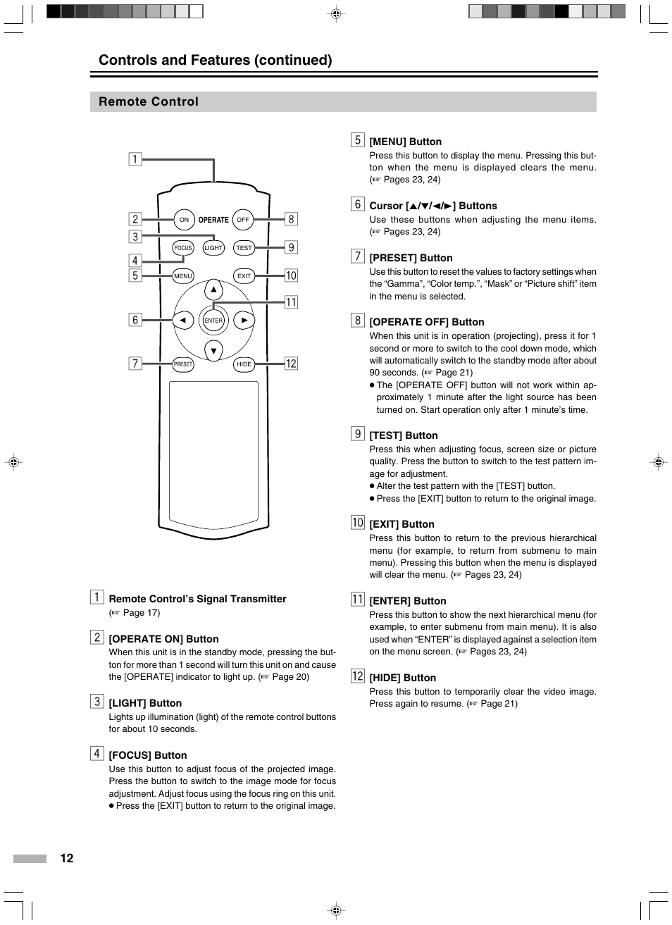 Remote control, Controls and features (continued) q w | JVC DLA-HD2KE User Manual | Page 12 / 40