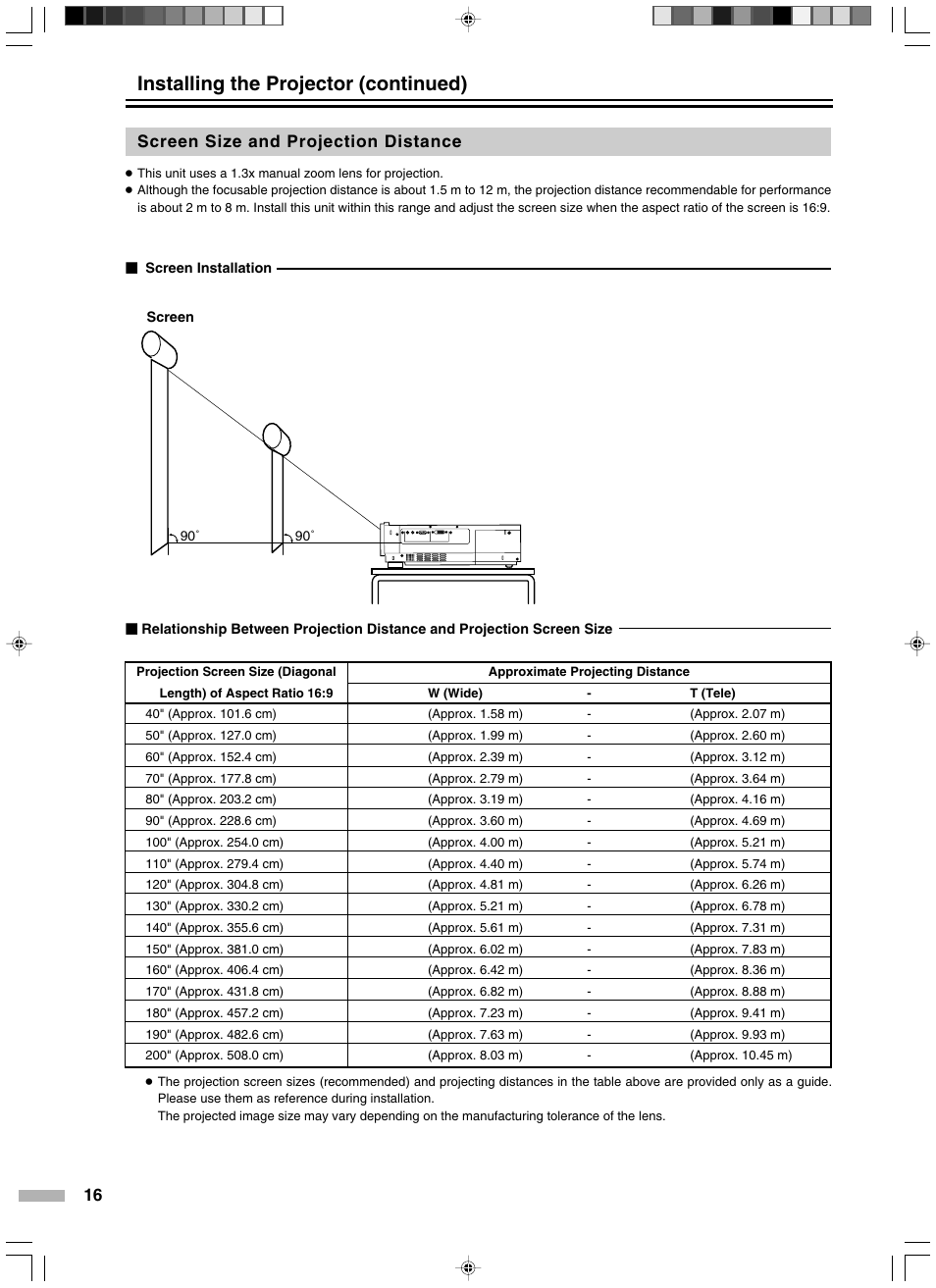 Screen size and projection distance, Installing the projector (continued) | JVC DLA-HD2KE User Manual | Page 16 / 40