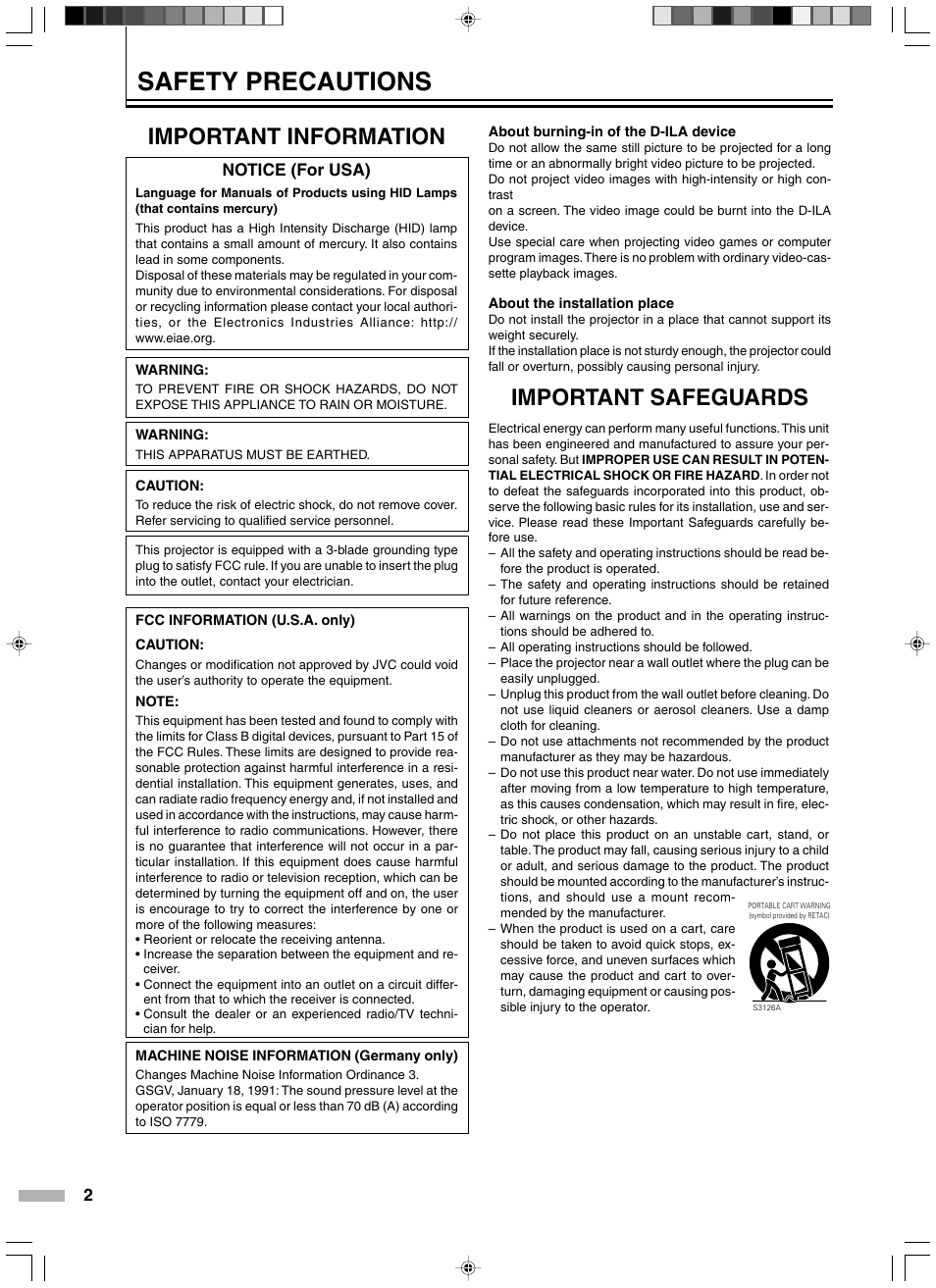 Safety precautions, Important safeguards, Important information | JVC DLA-HD2KE User Manual | Page 2 / 40