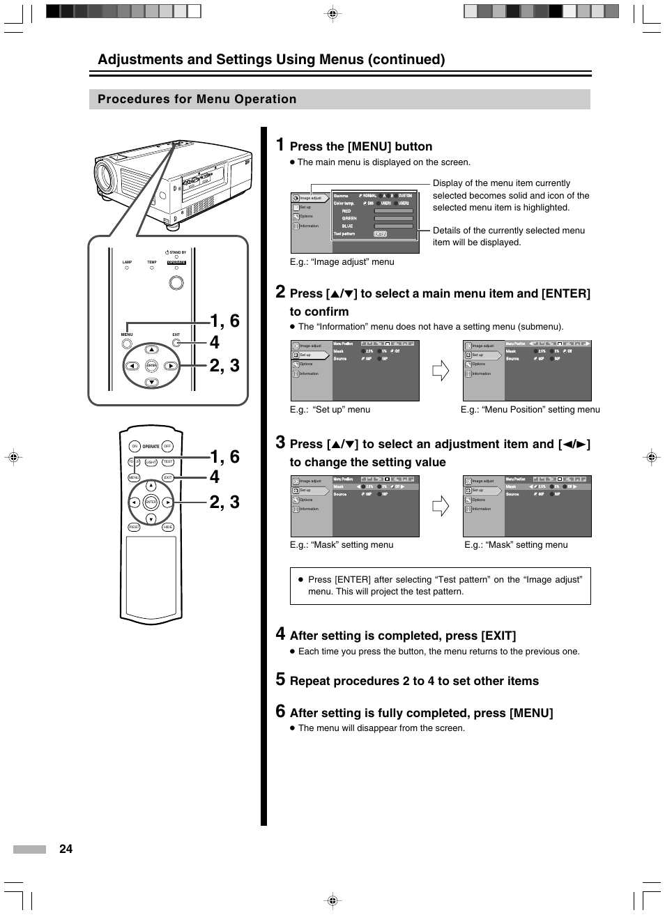 Procedures for menu operation, Adjustments and settings using menus (continued), Press the [menu] button | After setting is completed, press [exit, Repeat procedures 2 to 4 to set other items, After setting is fully completed, press [menu, The main menu is displayed on the screen, The menu will disappear from the screen | JVC DLA-HD2KE User Manual | Page 24 / 40