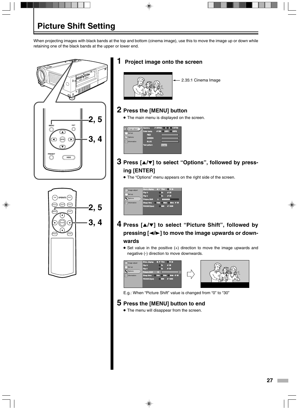 Picture shift setting, Project image onto the screen, Press the [menu] button | Press the [menu] button to end, The main menu is displayed on the screen | JVC DLA-HD2KE User Manual | Page 27 / 40