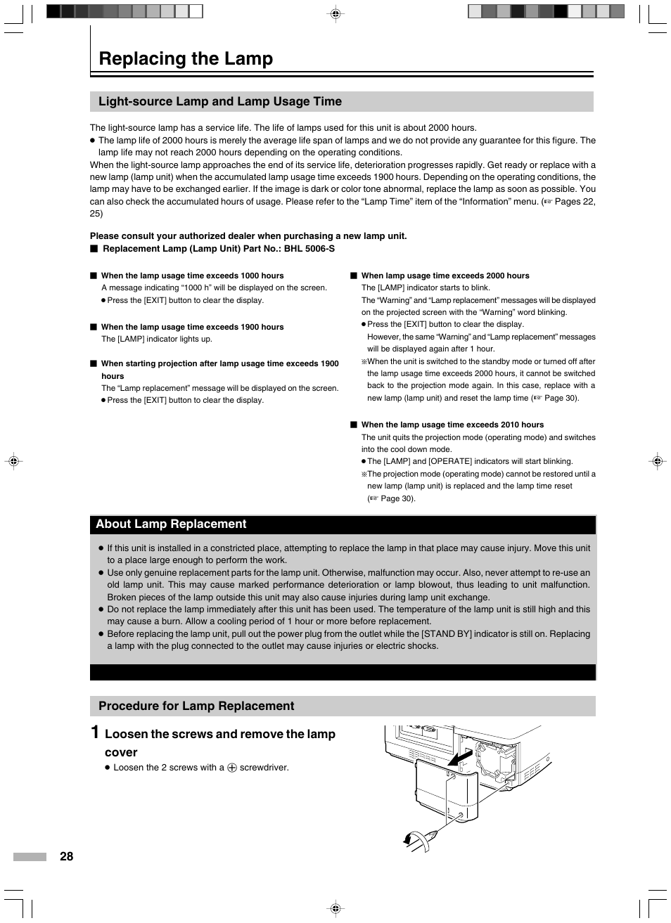 Replacing the lamp, Light-source lamp and lamp usage time, Procedure for lamp replacement | 28 light-source lamp and lamp usage time, Loosen the screws and remove the lamp cover, About lamp replacement | JVC DLA-HD2KE User Manual | Page 28 / 40