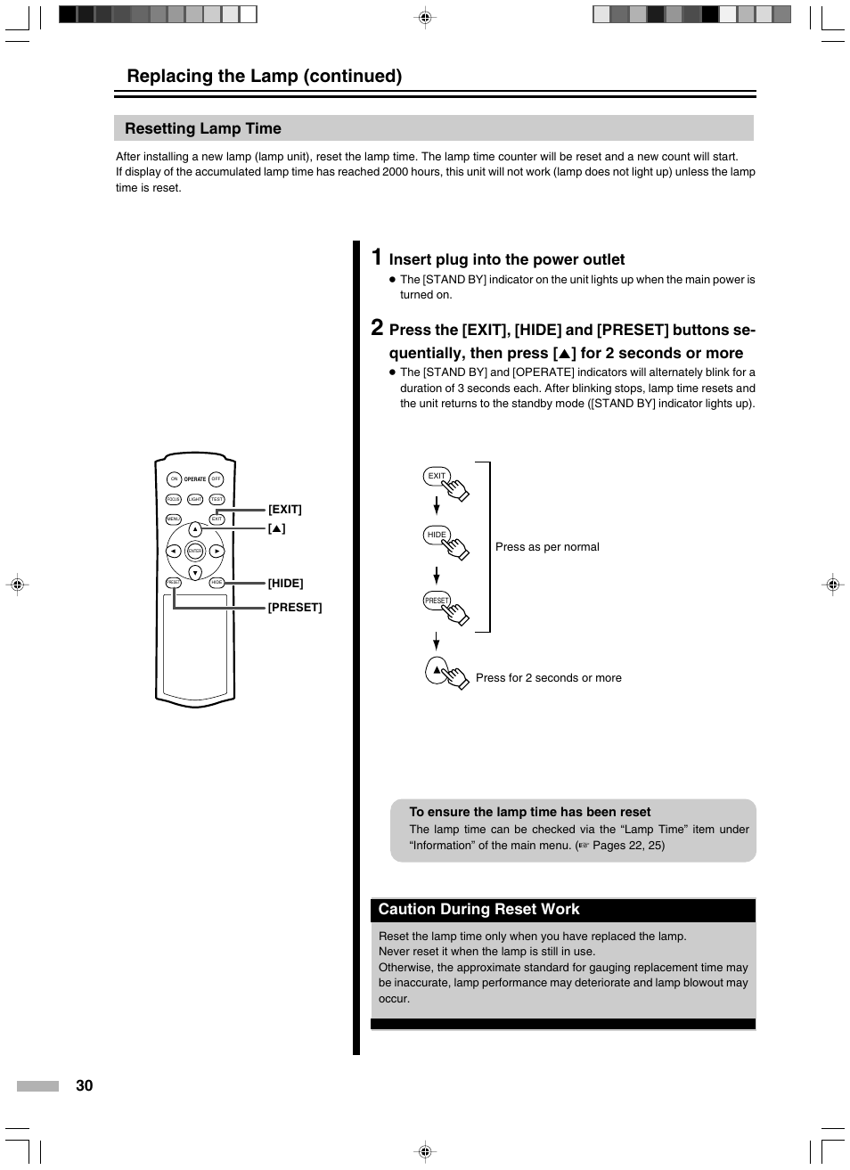 Resetting lamp time, Replacing the lamp (continued), Insert plug into the power outlet | Caution during reset work | JVC DLA-HD2KE User Manual | Page 30 / 40