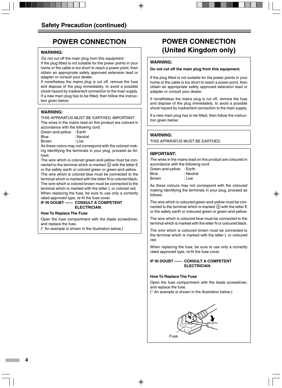 Power connection (united kingdom only), Power connection, Safety precaution (continued) | JVC DLA-HD2KE User Manual | Page 4 / 40