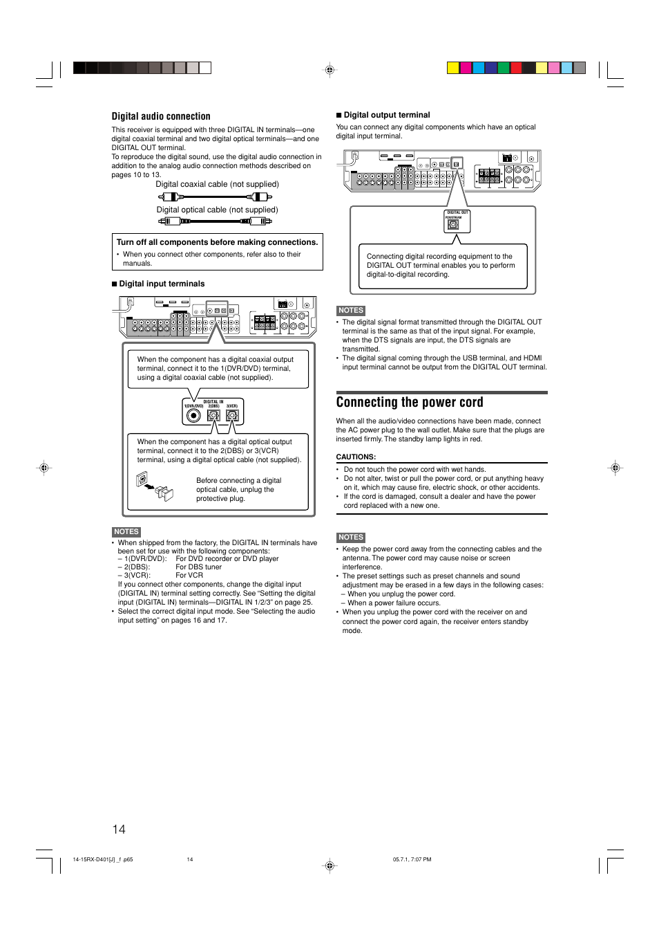 Connecting the power cord, Digital audio connection | JVC RX-D401S User Manual | Page 16 / 52