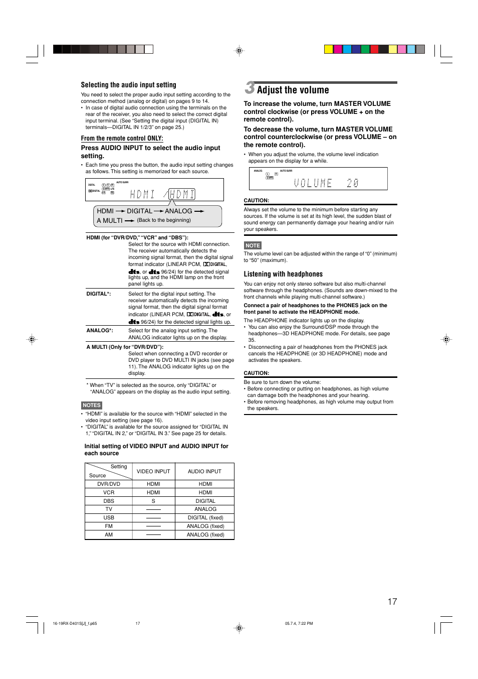 Adjust the volume, Listening with headphones, Selecting the audio input setting | JVC RX-D401S User Manual | Page 19 / 52