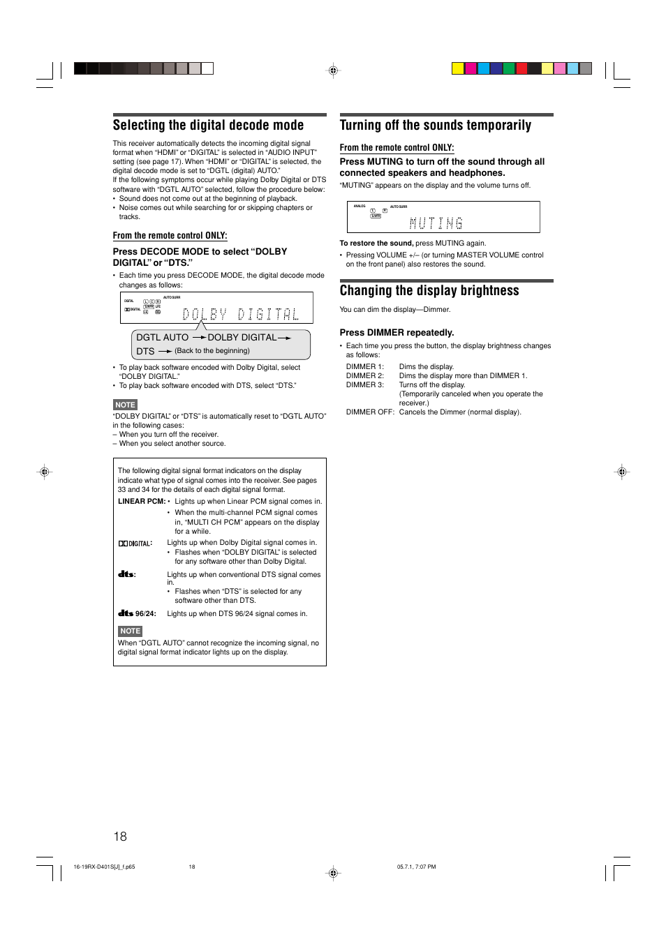 Selecting the digital decode mode, Turning off the sounds temporarily, Changing the display brightness | JVC RX-D401S User Manual | Page 20 / 52