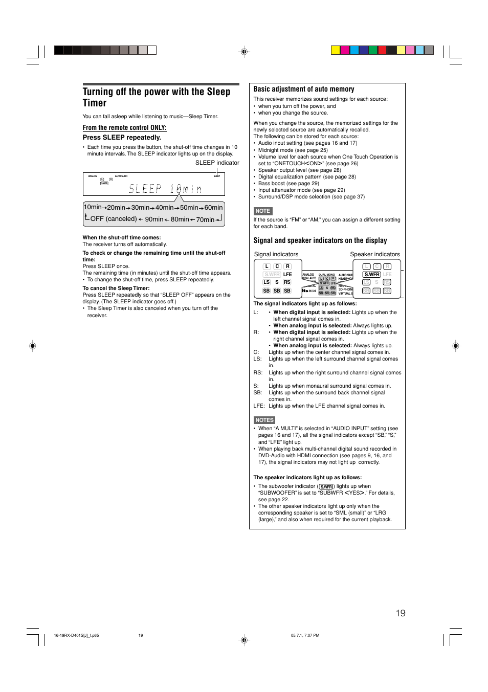 Turning off the power with the sleep timer, Signal and speaker indicators on the display | JVC RX-D401S User Manual | Page 21 / 52