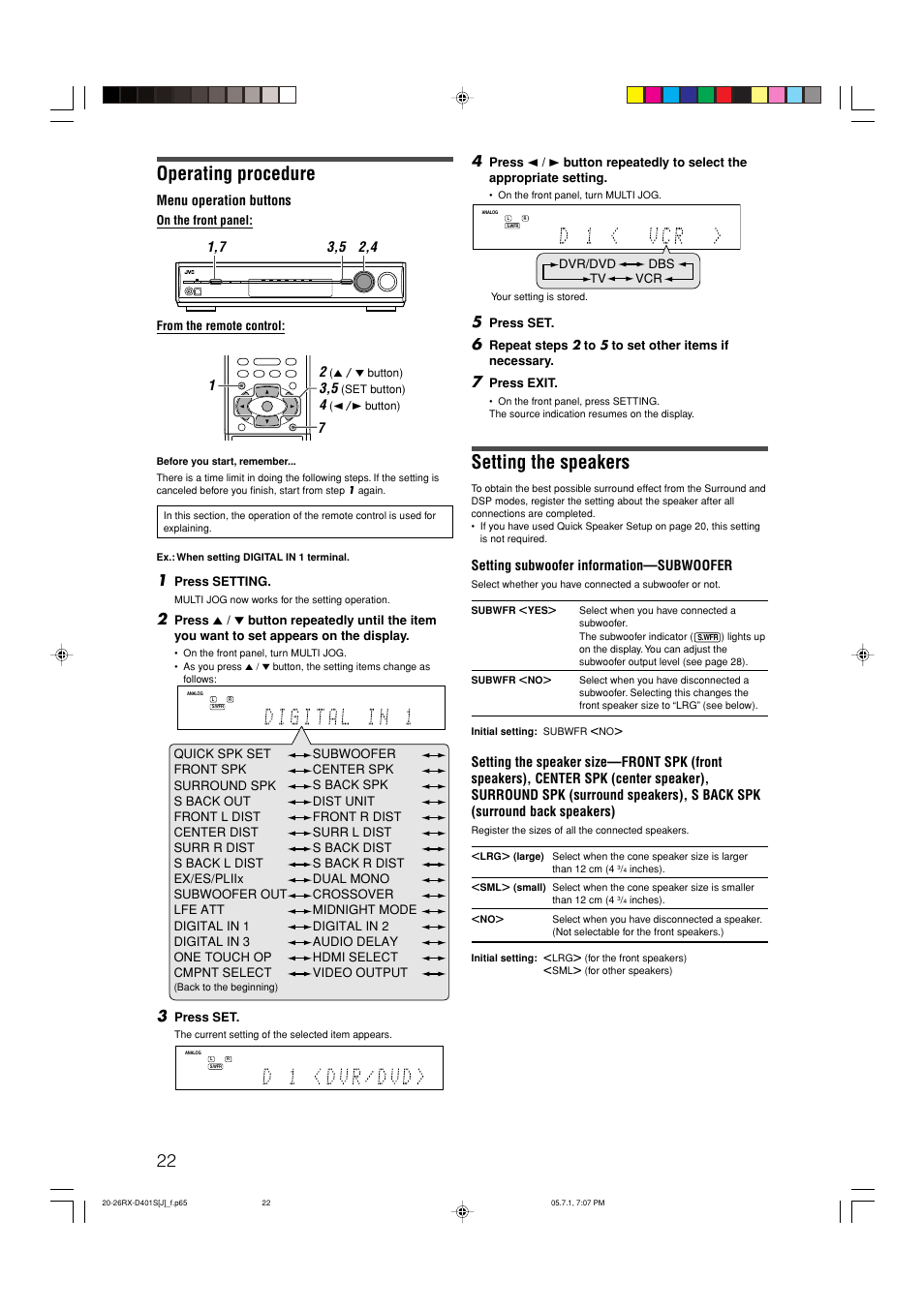 Operating procedure, Setting the speakers | JVC RX-D401S User Manual | Page 24 / 52