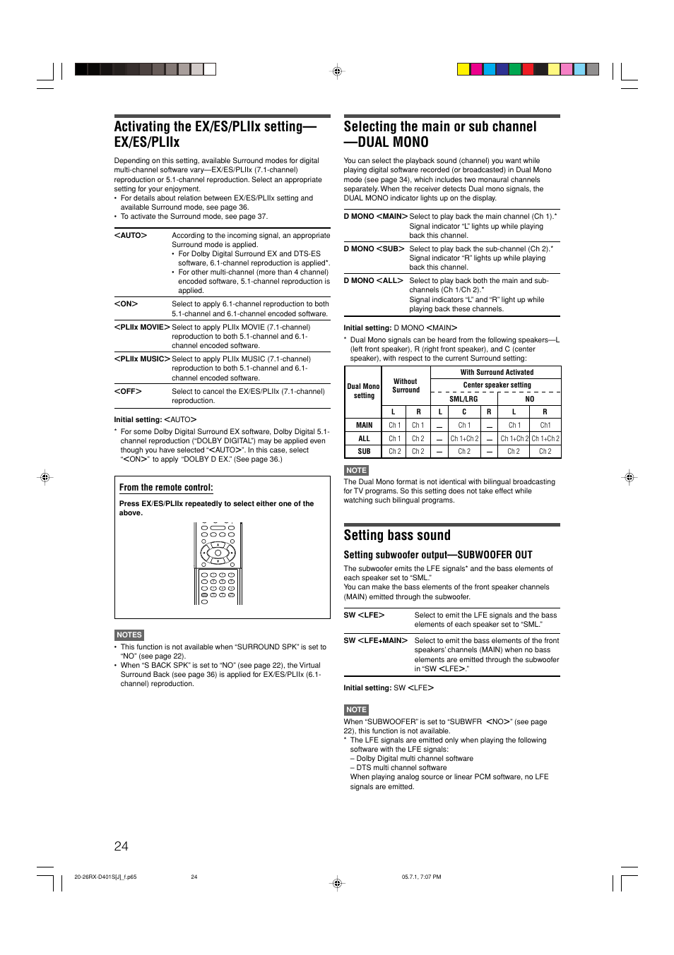 Activating the ex/es/pliix setting— ex/es/pliix, Selecting the main or sub channel —dual mono, Setting bass sound | JVC RX-D401S User Manual | Page 26 / 52