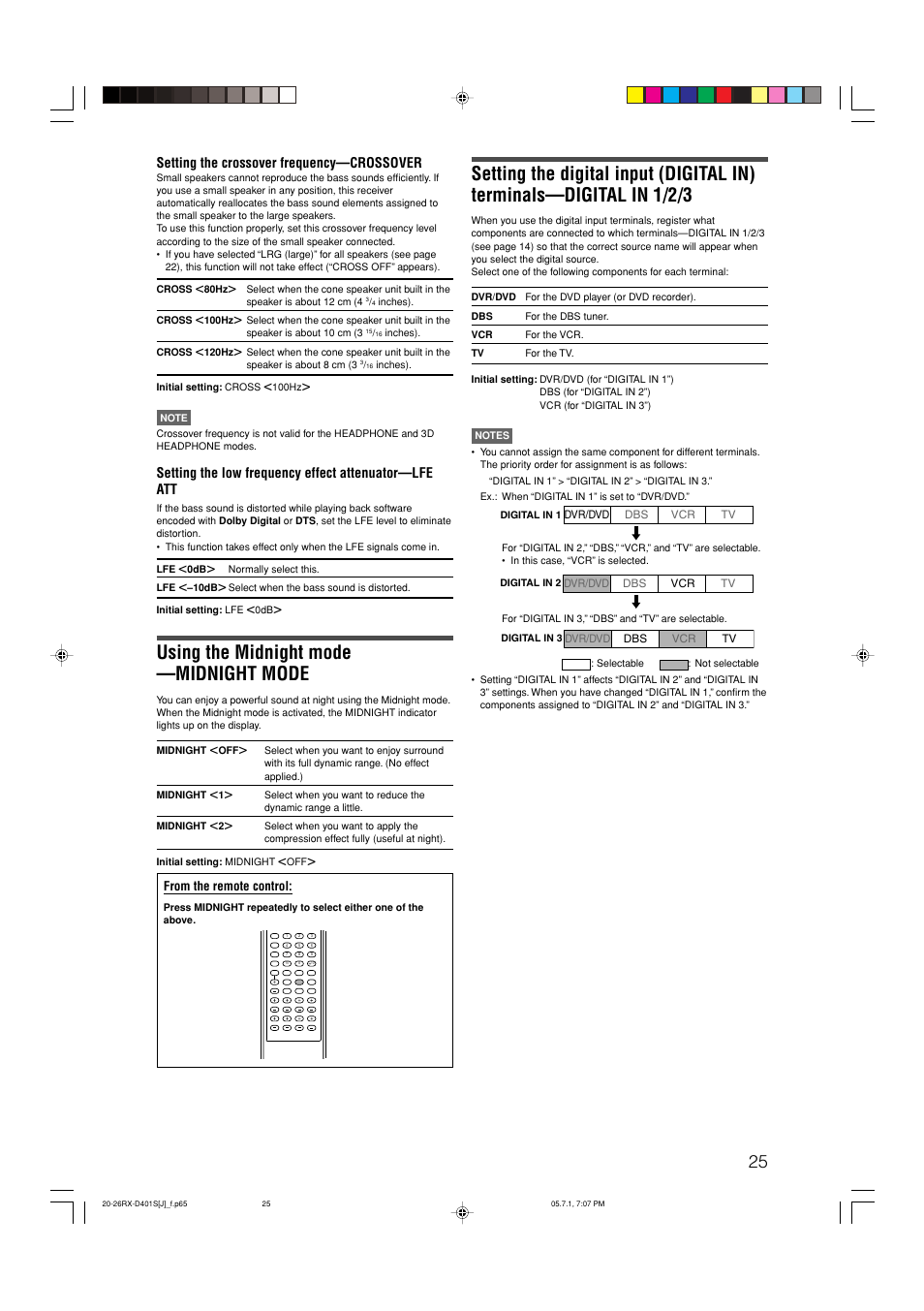 Using the midnight mode —midnight mode, Setting the crossover frequency—crossover | JVC RX-D401S User Manual | Page 27 / 52
