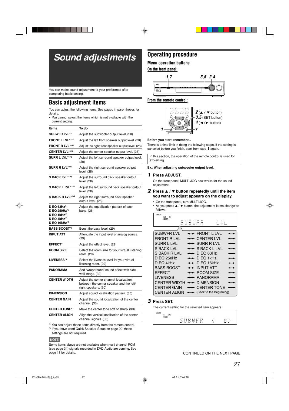 Sound adjustments, Basic adjustment items, Operating procedure | Menu operation buttons | JVC RX-D401S User Manual | Page 29 / 52