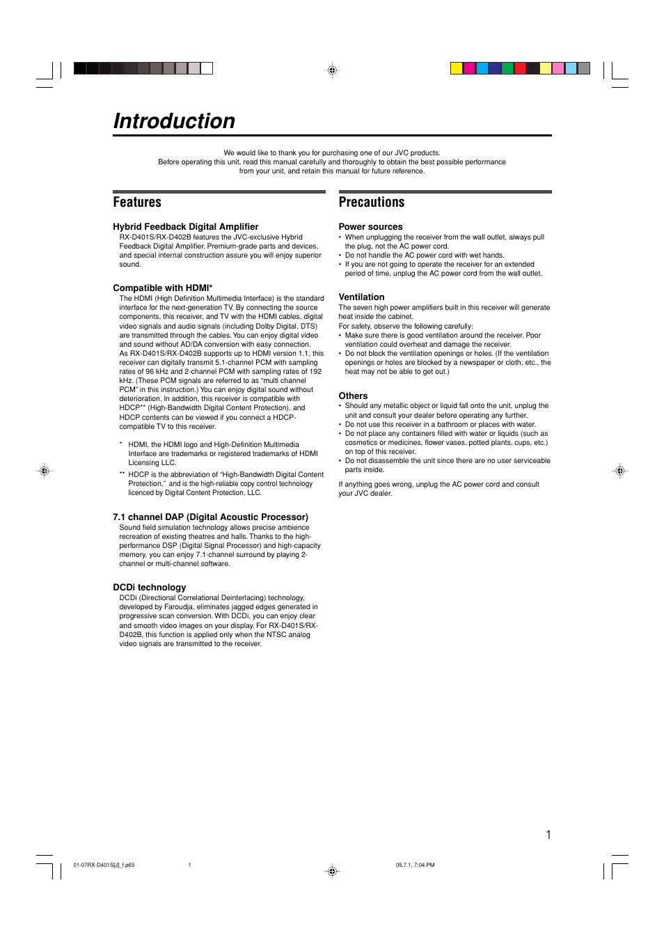 Introduction, Features, Precautions | JVC RX-D401S User Manual | Page 3 / 52