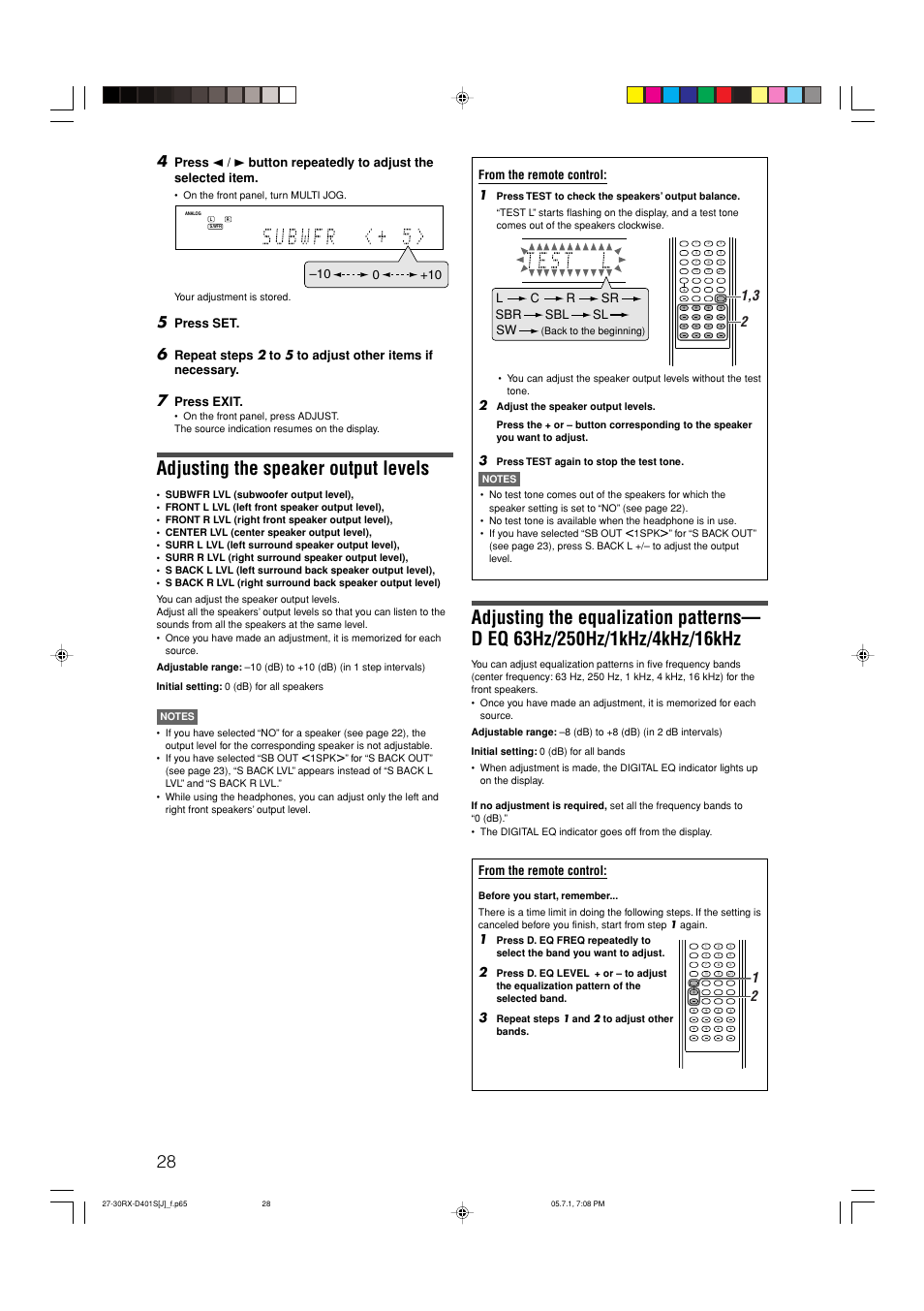 Adjusting the speaker output levels | JVC RX-D401S User Manual | Page 30 / 52