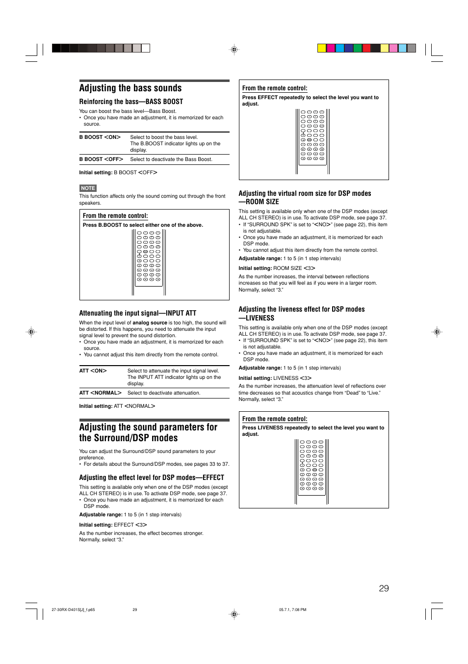 Adjusting the bass sounds, Reinforcing the bass—bass boost, Attenuating the input signal—input att | Adjusting the effect level for dsp modes—effect | JVC RX-D401S User Manual | Page 31 / 52