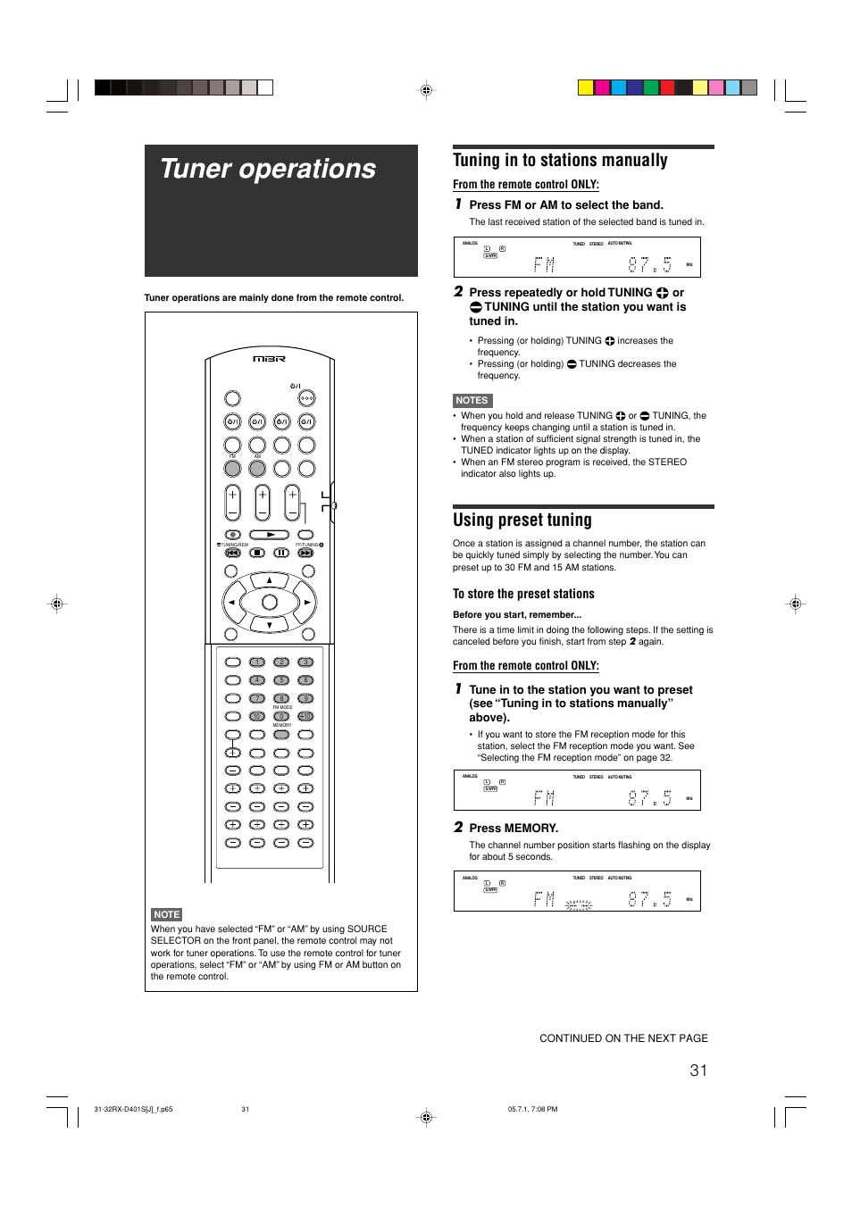 Tuner operations, Tuning in to stations manually, Using preset tuning | Press fm or am to select the band | JVC RX-D401S User Manual | Page 33 / 52