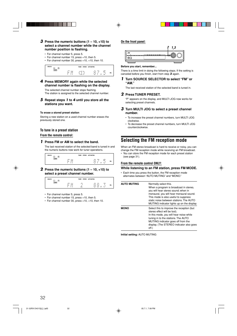 Selecting the fm reception mode | JVC RX-D401S User Manual | Page 34 / 52
