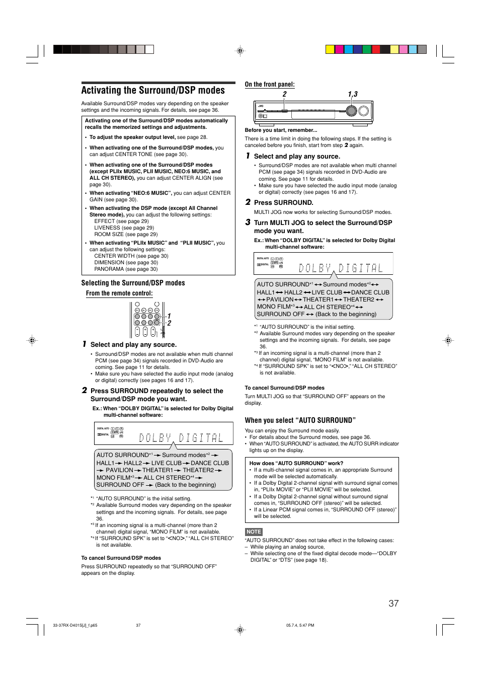 Activating the surround/dsp modes, When you select “auto surround, Selecting the surround/dsp modes | JVC RX-D401S User Manual | Page 39 / 52