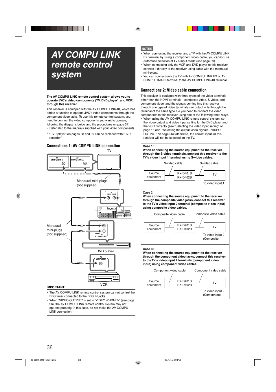 Av compu link remote control system, Connections 1: av compu link connection, Connections 2: video cable connection | JVC RX-D401S User Manual | Page 40 / 52