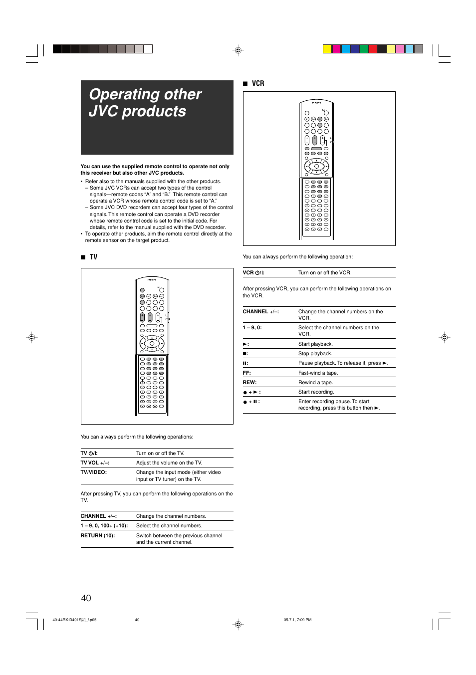Operating other jvc products, 7 tv, 7 vcr | JVC RX-D401S User Manual | Page 42 / 52